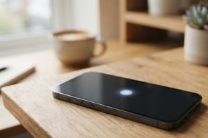 Смартфон на рабочем столе с открытым мобильным приложением оператора
