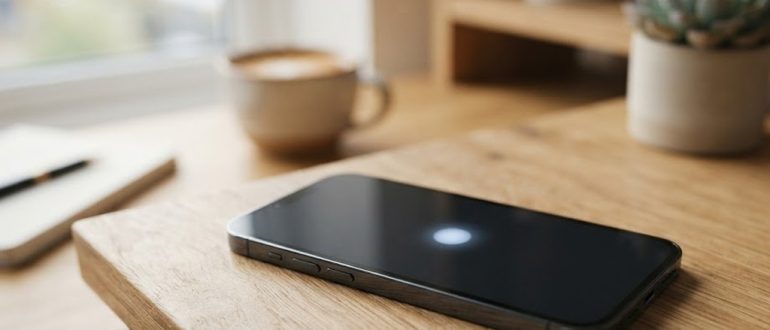 Смартфон на рабочем столе с открытым мобильным приложением оператора