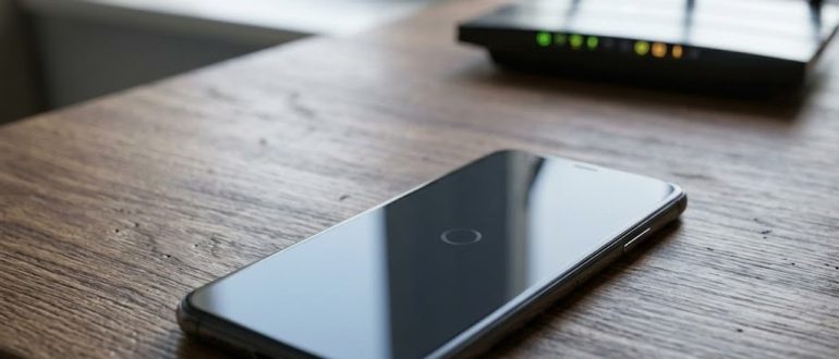Смартфон с экраном загрузки рядом с Wi-Fi роутером
